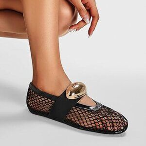 NWOT Black Mesh Ballet Flats with Chunky Gold Buckle Size EU 39/US8.5